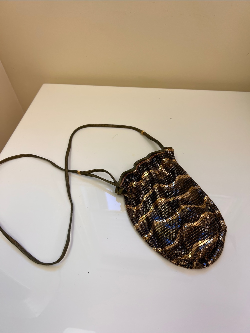 Sequin Drawstring Crossbody Bag in Bronze and Black and green